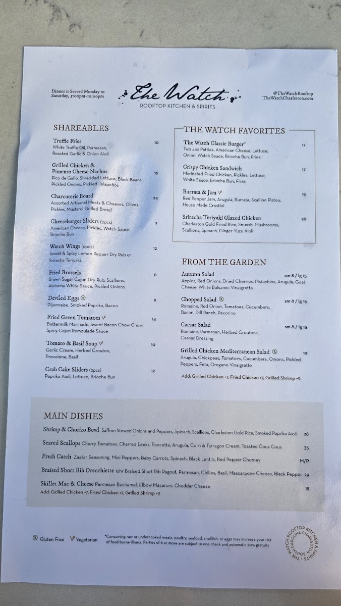 The Watch Rooftop Kitchen and Spirits Menu - Image 1